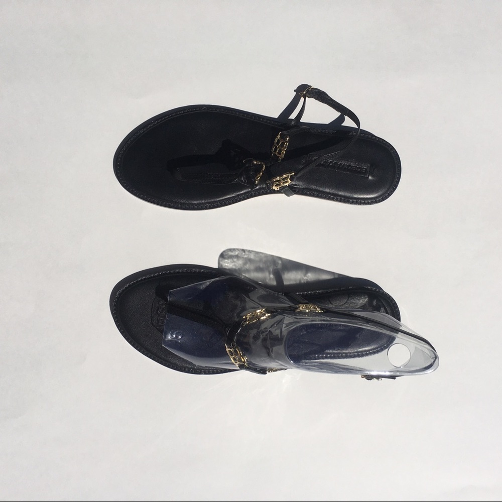 BCBG strappy sandals w/ gold floral detail, size 8